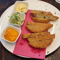 Mezze selection (hummus, guacamole & pimento dips) at 222 Vegan Cuisine in West London