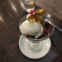 Vegan ice cream with pomegranates blueberries and physalis or goldenberry at 222 Vegan Cuisine in West London