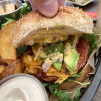Avocado hamburger (vegan mayonnaise for the fries)  at Mojokite in Castelldefels