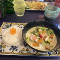 Thai green curry with tofu, yellow noodles with tofu and mushrooms   at The Orange Tree Restaurant in Sorrento