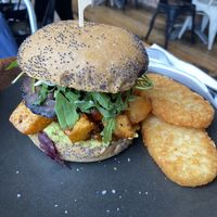 Vegan mushroom, potato sandwich with hash browns   at Pilgrims Vegetarian Cafe in Cronulla