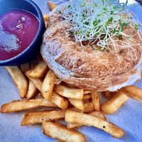Nepalese Curry Pie with Chips  at Pilgrims Vegetarian Cafe in Cronulla