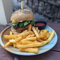 Vegan brekky burger and chips at Pilgrims Vegetarian Cafe in Cronulla