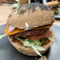 Veef burger - so juicy!  at Pilgrims Vegetarian Cafe in Cronulla