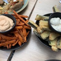 Sweet potato fries and zucchini fries…piping hot!  at Pilgrims Vegetarian Cafe in Cronulla