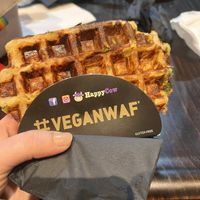 Cheesy broccoli potato waffle with tomatoes  at VeganPot  in Brussels