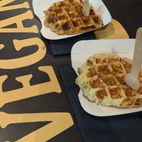 Broccoli waffle and dried tomatoes waffle at VeganPot  in Brussels