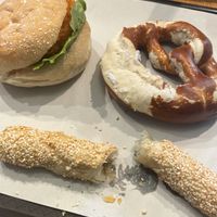 Plant based chicken sandwich, Brezel and Zigara Börek with spinach and sesame seeds.   at backWERK in Karlsruhe