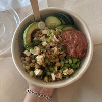 Poke bowl with sticky rice, quinoa, tofu, cucumber, edamame, carrot, crispy onion, soy sauce, chickpeas, avocado & beetroot humous !   at Poké Sens in île-de-france