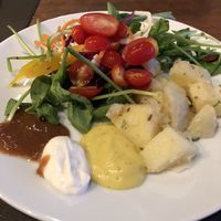 Salad plate including cold potato salad. Mango and  Tamarind dressings, plus mayo. All delicious. at Santosa Vegan Restaurant in Phuket