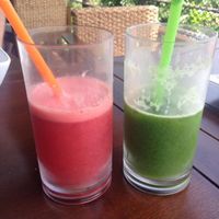 Watermelon juice and kale, Presley, mint, mixed greens juice at Santosa Vegan Restaurant in Phuket