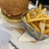 Vegetarian burger with extra fries   at A Travessa in Santa Maria