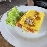 Causa - a Peruvian dish sort of like a layered potato slice. Very zesty and lemony, yum  at Vegan Point in Cusco