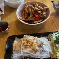 Crispy fried aubergine and steamed rice batter with wood ear mushrooms, taro, and mung beans  at Eat Vietnam bar-b-grill in England