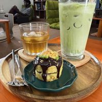 Avocado muffin and matcha latte   at Odabia - Vegan Café & Desserts in Da Nang