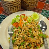 Spicy Lap with sticky rice at Amazing Vegan Food in Vang Vieng