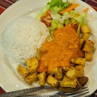 Tofu sate with peanut sauce and steam rice at Amazing Vegan Food in Vang Vieng