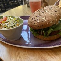 Mushroom burger on multigrain bun: tasty but a bit too salty. The coleslaw contained horseradish or something alike. at Hans Im Gluck - Rembrandtplein in Amsterdam