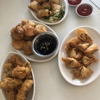 Martabak at the top, tahu teriyaki in the middle, katsu at the bottom (my favourite) and pangsi goreng on the rigtht  at Loving Hut in Denpasar