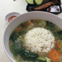 Rice with vegetable soup at Loving Hut in Denpasar