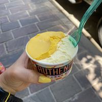 Mango sorbet and vanilla  at Authentico Ice Cream Shop in Chania