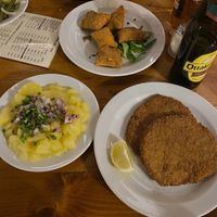gemüsetascherl, potato salad and schnitzel   at Weingut Feuerwehr Wagner in Vienna