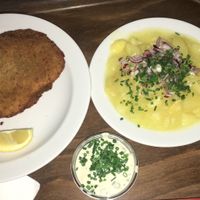 Schnitzel and potato salad at Weingut Feuerwehr Wagner in Vienna