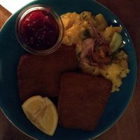 The vegan seitan Schnitzel with a delicious potato salad and cranberry jam at Augustin in Vienna