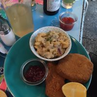 Vegan seitan Schnitzel with potato salad and cranberry jam, a typical Austrian dish made vegan, so yummy! at Augustin in Vienna