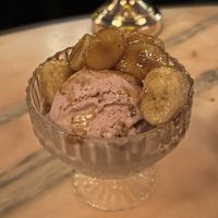 bananas foster with strawberry ice creamm  at Vulture in San Diego