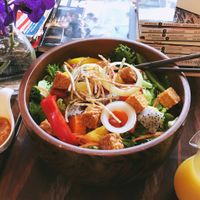 Tempeh Salad with Ginger Dressing, ABSOLUTELY DELICIOUS! (oh & passion fruit kombucha)  at Mango in Bangkok