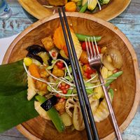 Aubergine and homemade tempeh stir fry at Mango in Bangkok