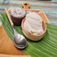 Chocolate lava cake with coconut ice cream at Mango in Bangkok