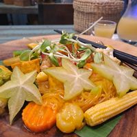 Vegan Pad Thai and homemade ginger/pineapple kombucha. at Mango in Bangkok