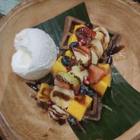 Vegan Chocolate Waffle with Coconut ice cream and fruits at Mango in Bangkok
