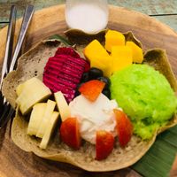 Pancake with fruit, green sticky rice and ice cream!!! LOVE IT!! at Mango in Bangkok