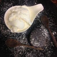 vegan lava cake with coconut ice cream at Mango in Bangkok