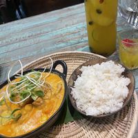 Massaman curry (with tofu, tempeh and vegetables) and fruit infused water   at Mango in Bangkok