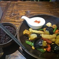 Stir fried mixed veggies with tempeh at Mango in Bangkok