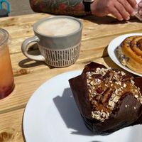 Oat milk, I had a fizzy orange and strawberry boba drink, Pecan and banana muffin which was delicious and a lemon and safflower bun which was again amazing    at Wyatts Cafe in Derby