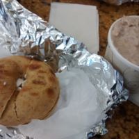 Bagel with cream tofu and almond milk oatmeal at Green Symphony in New York City