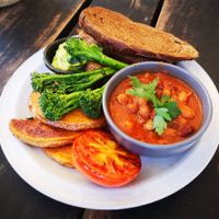 Vegetarian Big Brekky - vegan option. (Mushrooms hiding under the broccolini) at Cafe Barco in Perth