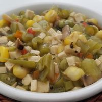 stew with mushroom, corn, tofu, and beans at Maruben Vegetariano in Bogota