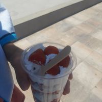 Strawberries with cream (dairy) at Restaurante Las Arenas in Ibiza