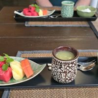 Starter: Coconut Yogurt, Pineapple Juice and Mixed Fruits at Green Tiger House in Chiang Mai