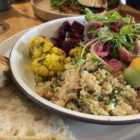 Salad plate and hummus with roasted veg sandwich   at Car & Kitchen in Settle