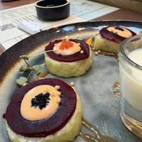 This might be barbers roll? It was yummy and there was a mystery spicy one and they give you a shot of soy milk for the burn, but I thought it was perfectly spicy and didn’t need at Tane Vegan Izakaya - Highland Park in Los Angeles