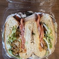 “Chicken sandwich,” friend oyster mushrooms with a spicy sauce  at D & B Deli and Catering in Baltimore