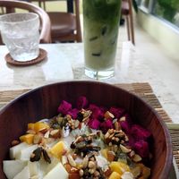 Chia bowl with matcha latte at Living Table Bangkok in Bangkok