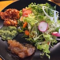 Salad items from the lunch buffet, including onion chutney, cilantro chutney, and mango chutney at Lazeez in Rocky Mount